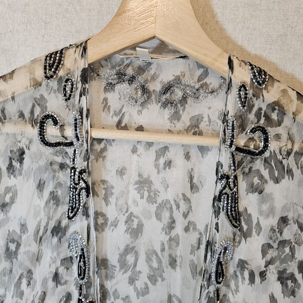 SOFT SURROUNDINGS Womens OS Kimono Topper Grey Leopard Print Boho Beaded Paisley - Picture 4 of 9
